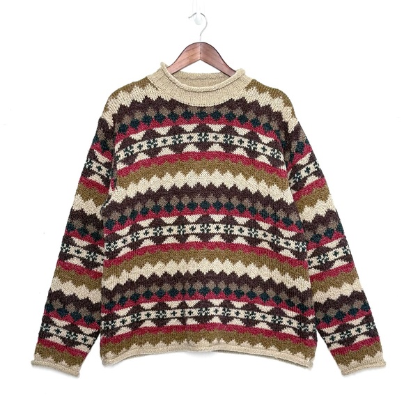 VTG Baxter Wells Fair Isle Knit Rollneck Sweater Brown Tan Red Size XL - Picture 1 of 4